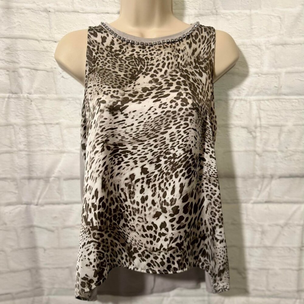 Women's J Lo Silky Black and Grey Cheetah Print Sleeveless Top with White Gems